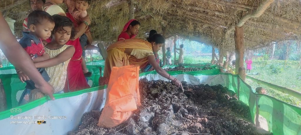 गोधन न्याय योजना के अंतर्गत गौठानों में जैविक खाद का निर्माण कर रहीं महिला स्व-सहायता समूह