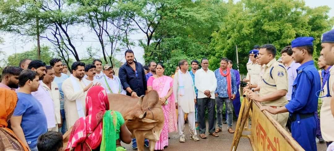 कुशल कश्यप के नेतृत्व में हसौद तहसील कार्यालय के सामने किया गया गौ-सत्याग्रह आंदोलन