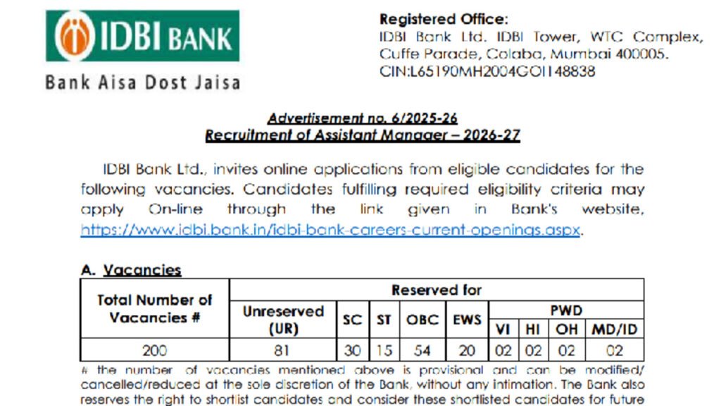 IDBI Bank Recruitment 2026